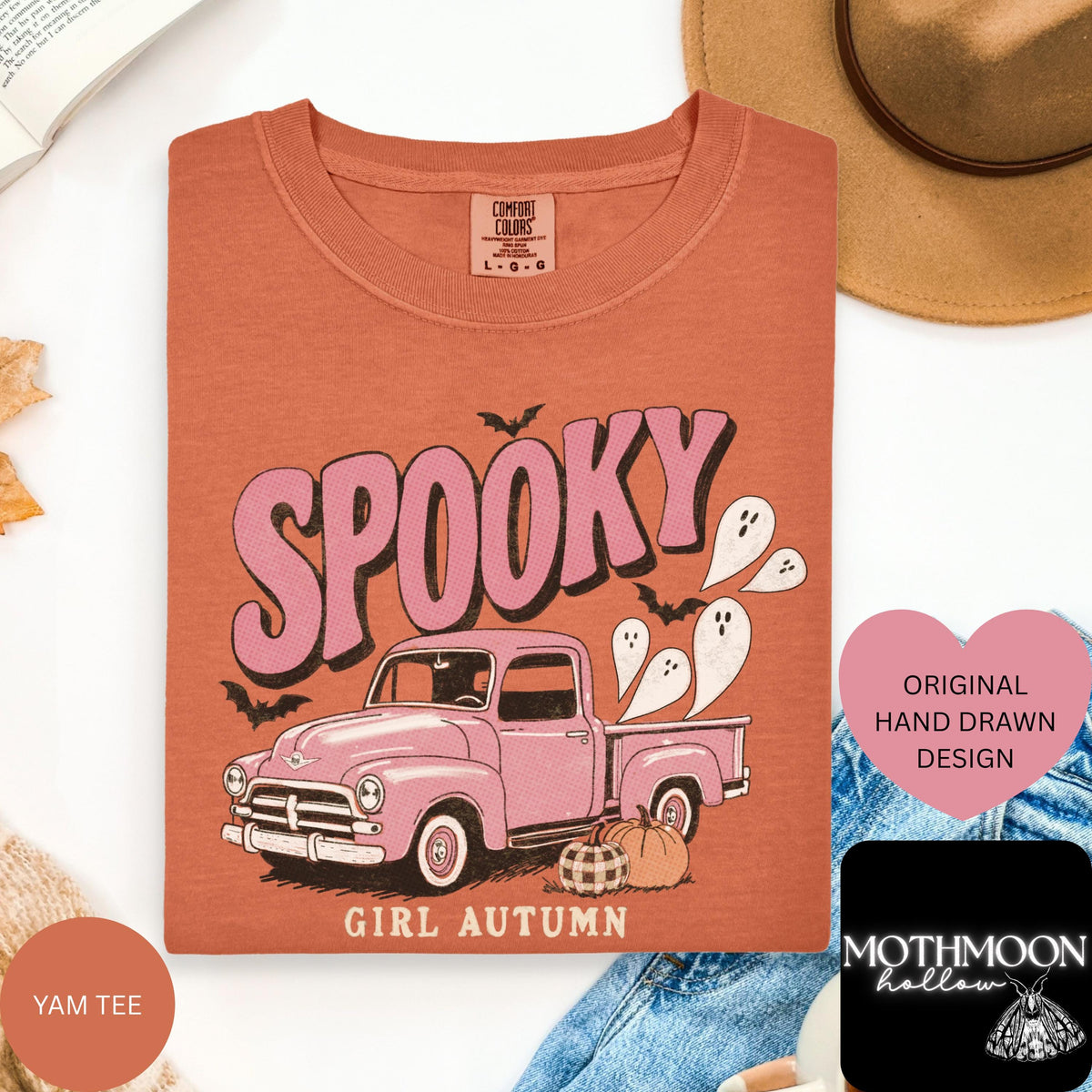 Spooky Girl Autumn Shirt, Pink Ghost Truck Halloween Tee, Vintage Fall Graphic Tee, Cute Spooky Season Comfort Colors Shirt
