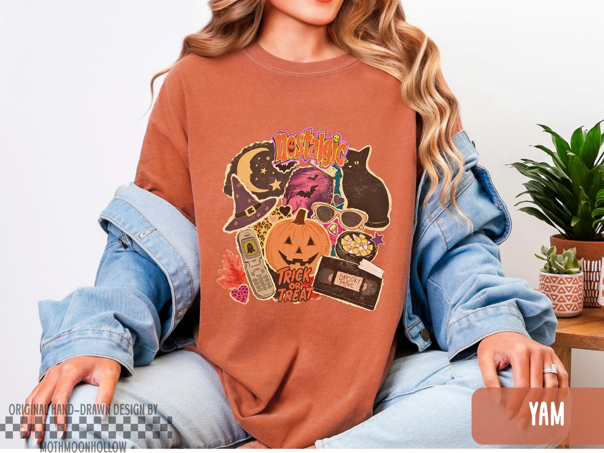 Nostalgic Halloween Shirt, 90s Spooky Collage Tee, Retro Trick or Treat Shirt, Black Cat Pumpkin Graphic Tee