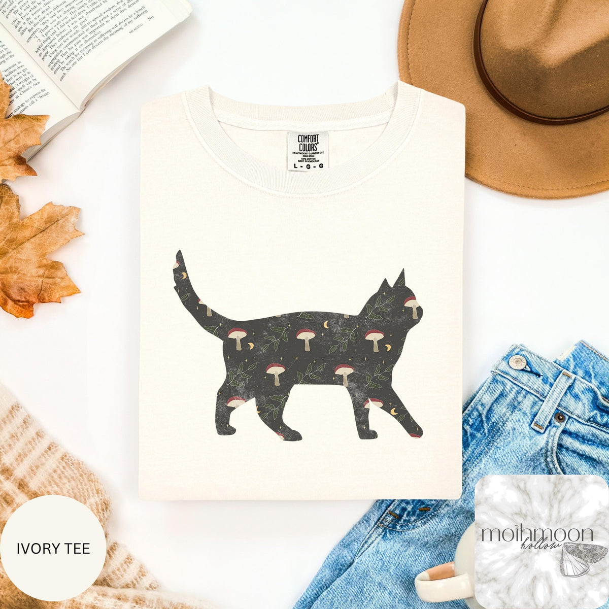 Black Cat Mushroom Shirt, Cottagecore Cat Tee, Witchy Cat Lover Gift, Mushroom Cat T-Shirt, Nature Lover Shirt, Woodland Cat Tee