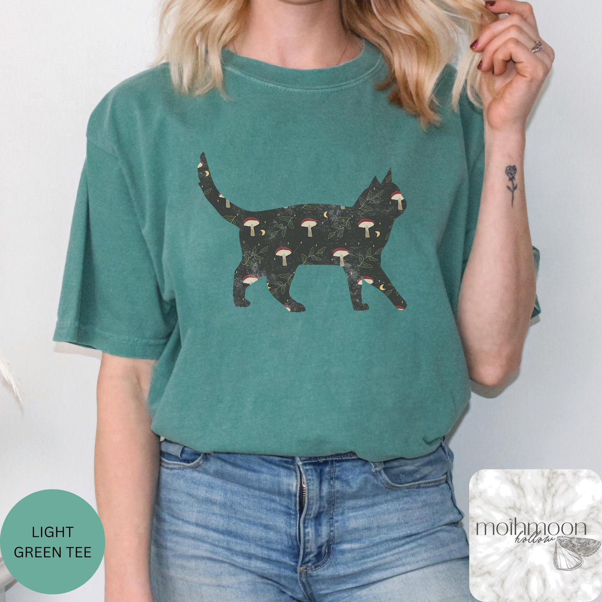 Black Cat Mushroom Shirt, Cottagecore Cat Tee, Witchy Cat Lover Gift, Mushroom Cat T-Shirt, Nature Lover Shirt, Woodland Cat Tee