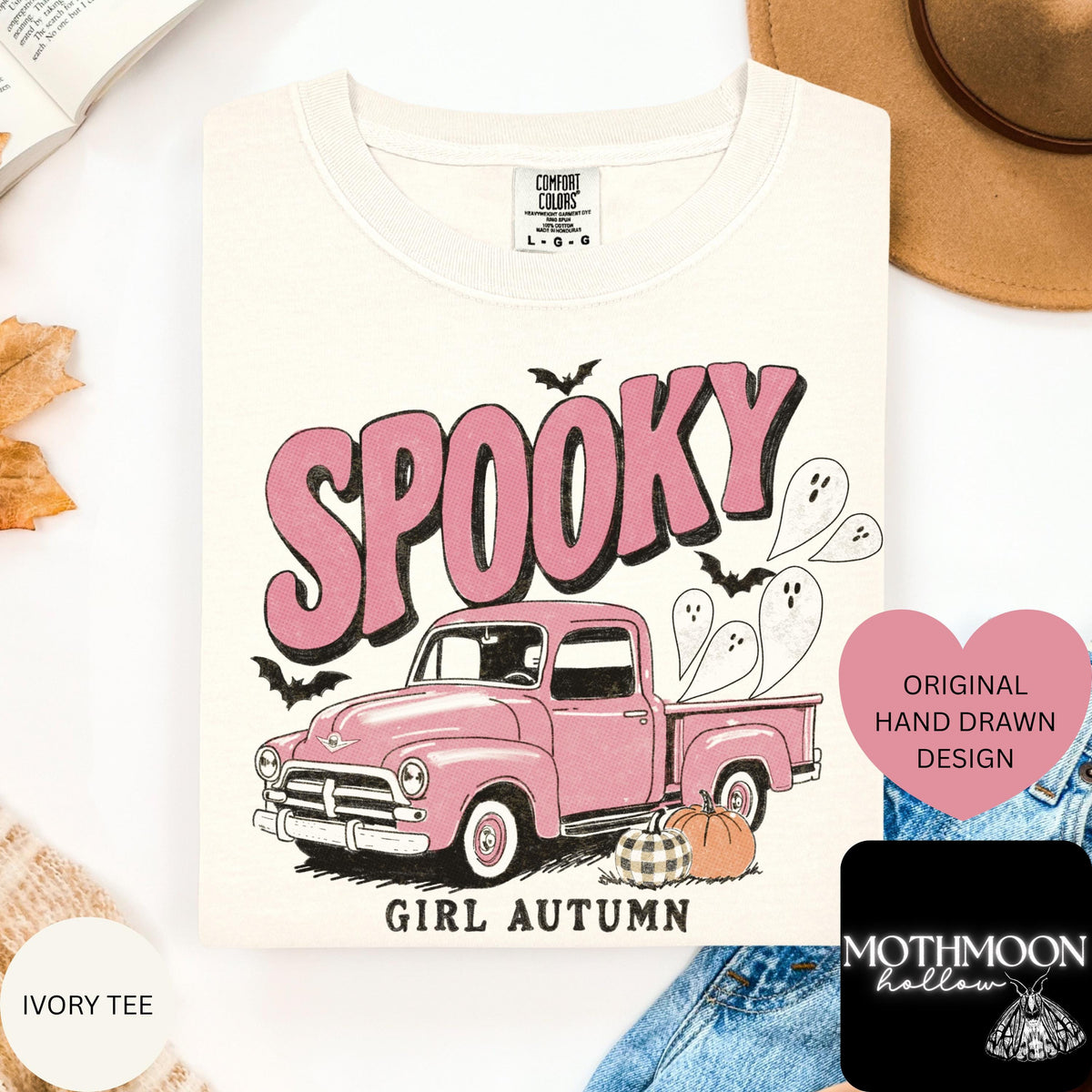 Spooky Girl Autumn Shirt, Pink Ghost Truck Halloween Tee, Vintage Fall Graphic Tee, Cute Spooky Season Comfort Colors Shirt