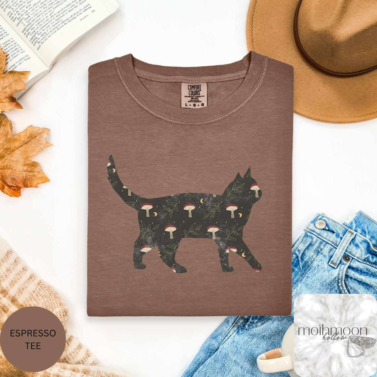 Black Cat Mushroom Shirt, Cottagecore Cat Tee, Witchy Cat Lover Gift, Mushroom Cat T-Shirt, Nature Lover Shirt, Woodland Cat Tee