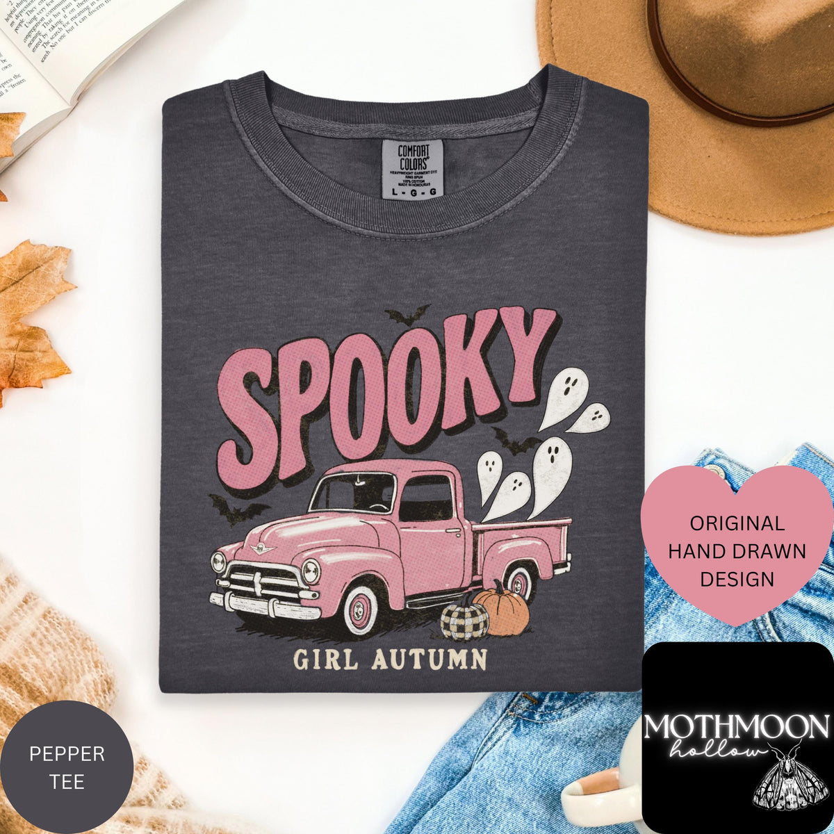 Spooky Girl Autumn Shirt, Pink Ghost Truck Halloween Tee, Vintage Fall Graphic Tee, Cute Spooky Season Comfort Colors Shirt