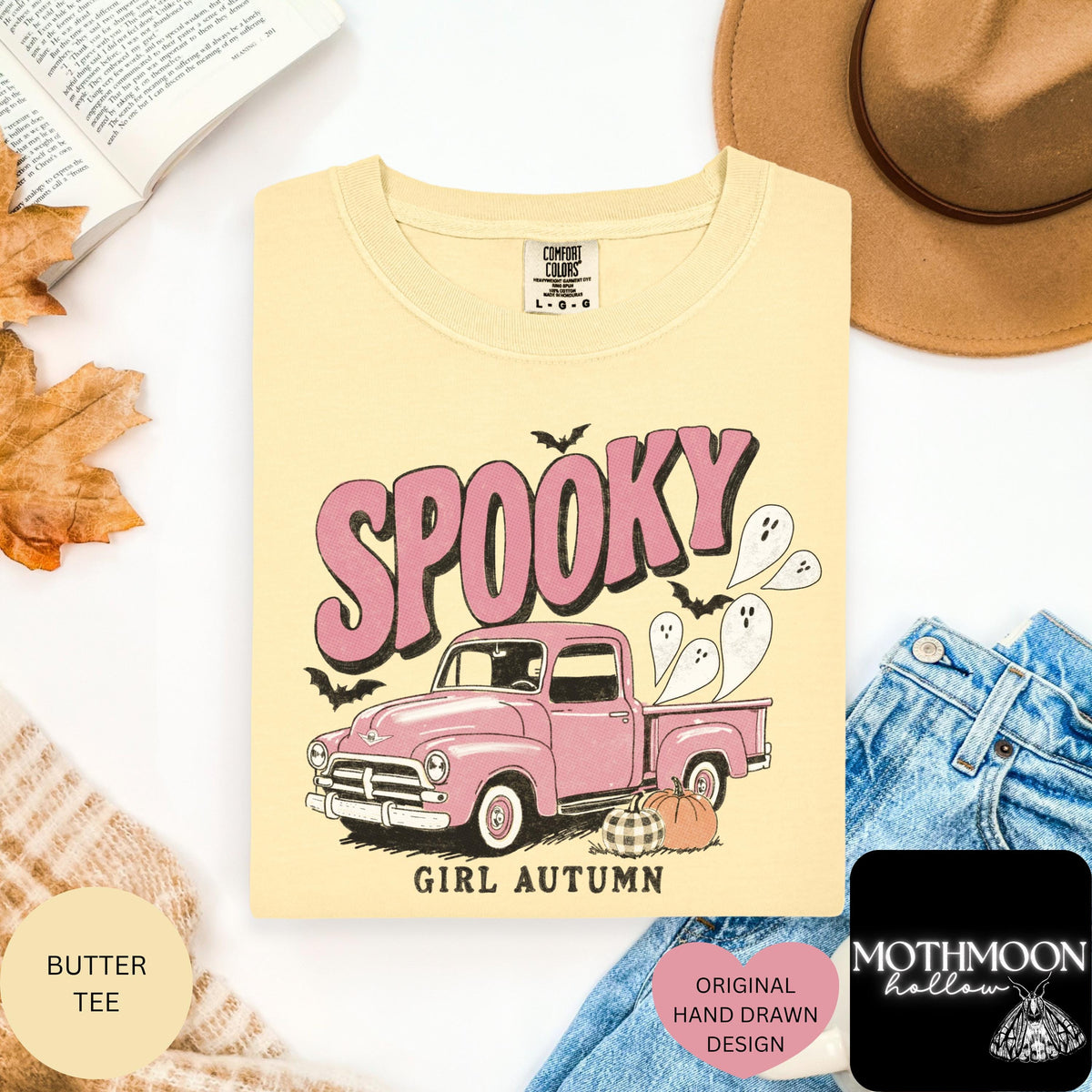 Spooky Girl Autumn Shirt, Pink Ghost Truck Halloween Tee, Vintage Fall Graphic Tee, Cute Spooky Season Comfort Colors Shirt